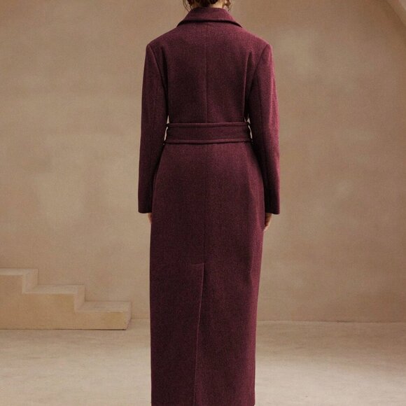 Burgundy Elegant Women's Grey Midi Length Belted Notched Collar Wool Coat - Picture 2 of 6